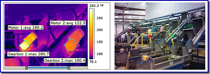 a thermal infrared image of an overheating gearbox and motor on a production line