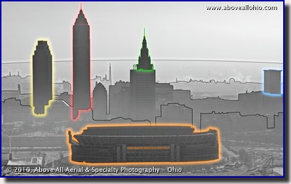 An artistically enhanced aerial view of Cleveland Browns Stadium and downtown Cleveland on a hazy winter day.