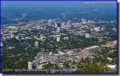 A wide angle aerial view of downtown Columbia, SC.