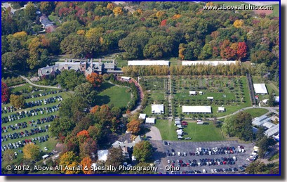 An aerial photo of the manor house and gardens at Stan Hywet Hall and Gardens in Akron, Ohio.