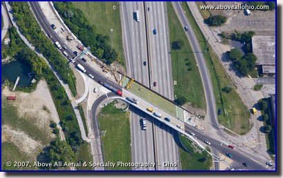 An aerial view of  a birdge overpass under construction in Cleveland, Ohio