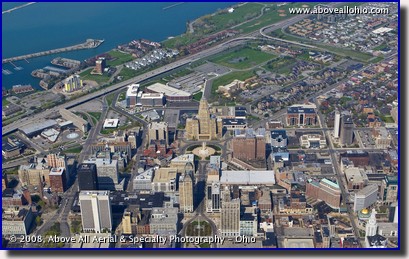 An aerial view of dowtown Buffalo, New York, and Lake Erie