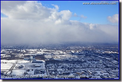 An aerial view of a thin band of lake effect snow near Cleveland, Ohio.