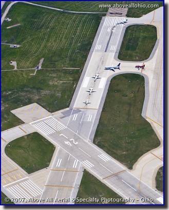 Aerial view of aircraft waiting for take off in Cleveland, Ohio