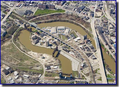 Aerial photo of "The Flats" in downtown Cleveland, OH