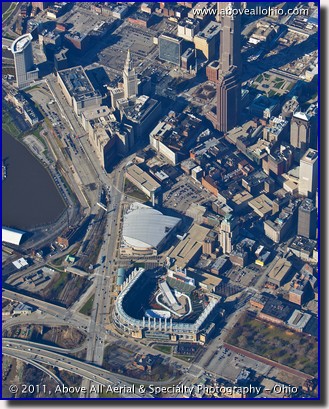 A high altitude aerial photo of downtown Cleveland, OH, with Progressive Field set up for "Snow Days"