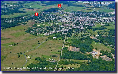 A wide angle aerial view of the town of Gettysburg, PA, and the Gettysburg Civil War battlefield.
