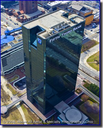 An aerial view from a helicopter of the Fifth Third bank building in downtown Toledo, Ohio