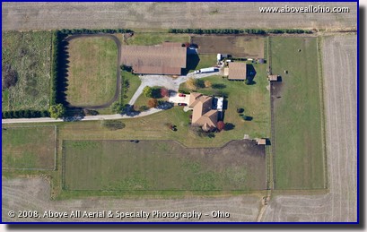 Overhead aerial view of Medina County, Ohio, horse farm