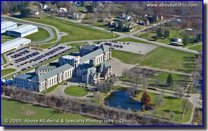 Aerial view of the Old Mansfield (Ohio) Reformatory with part of the new prison visible behind it (to the left)