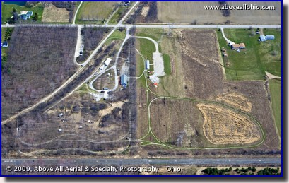 Aerial photo of Lester Rail Trail park and the Northeastern Ohio Live Steamers miniature railroad track