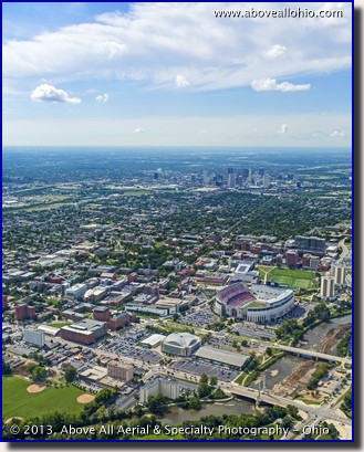 A wide angle view of the campus of The Ohio State University with downtown Columbus, OH, in the background.