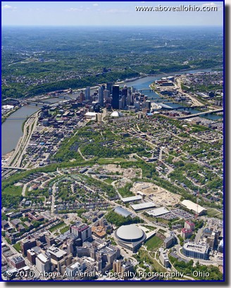 A portrait oriented aerial view of the University of Pittsburgh and downtown Pittsburgh, PA.