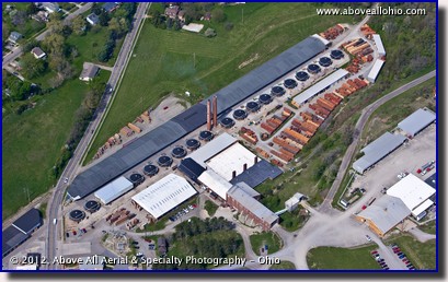 A steep oblique aerial photo of The Belden Brick Company factory in Sugarcreek, Ohio, south of Canton.