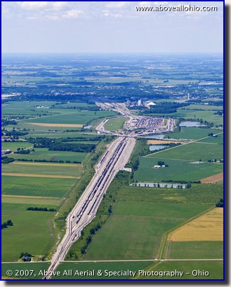 Aerial view of a trainyard "hump" near Bellevue, Ohio