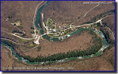 An aerial view of Ohiopyle, PA, and the Youghiogheny River; a popular spot for white water rafting trips.